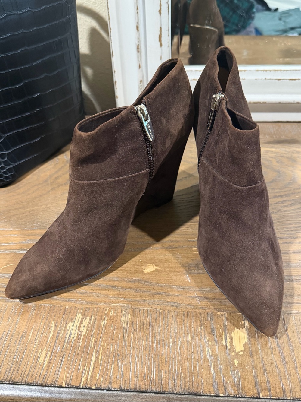 Coach Women's Brown Suede Pointed Toe Wedge Booties Size 8.5 B